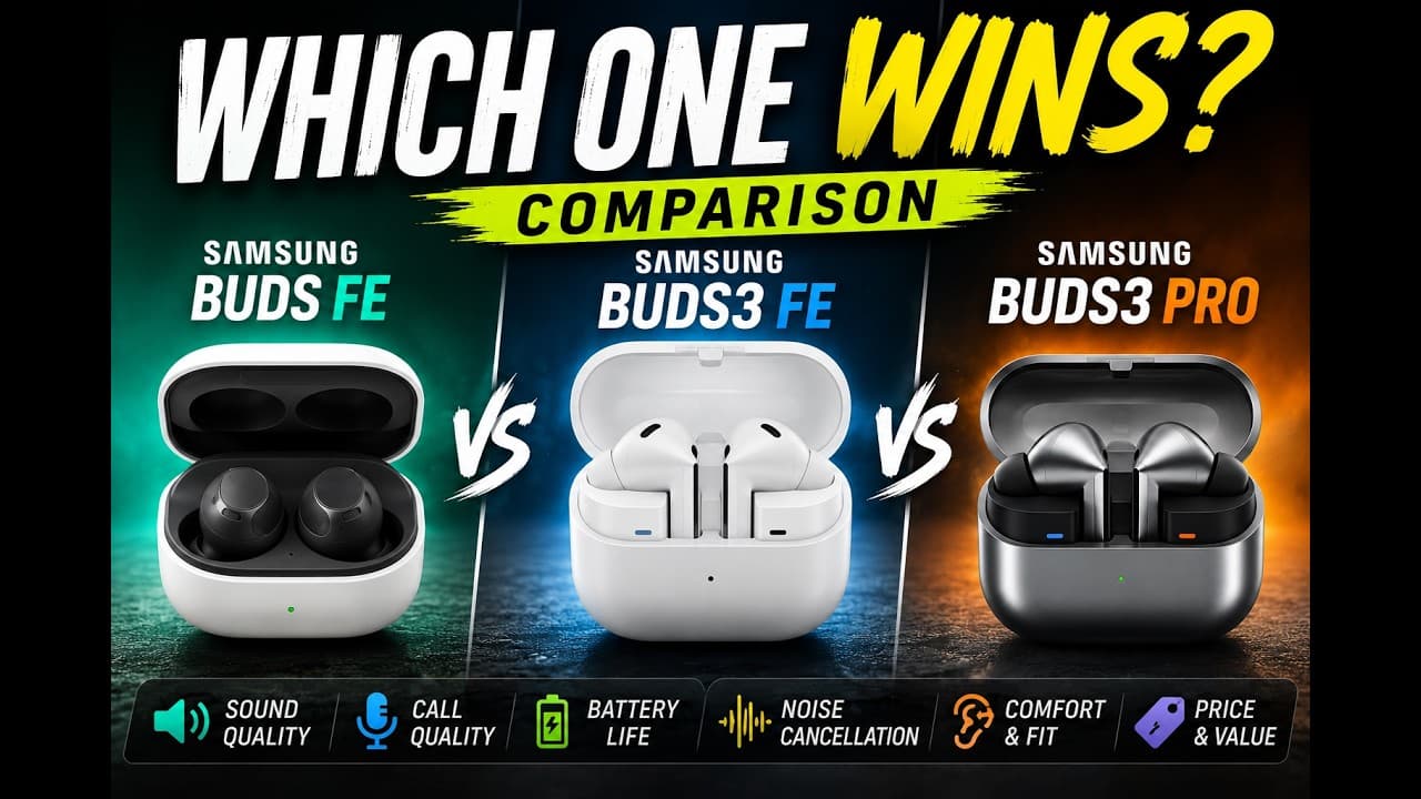 Thumbnail do vídeo Samsung Buds FE vs Buds3 FE vs Buds3 Pro — Full Comparison & Review!