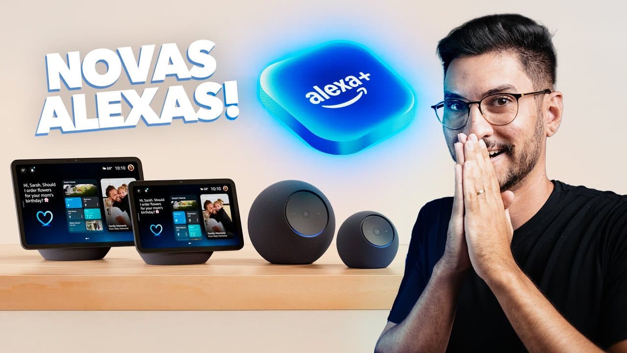 Thumbnail do vídeo Novas ALEXAS com IA chegaram! (finalmente) Echo Dot Max, Echo Studio e Echo Show 8 e 11.