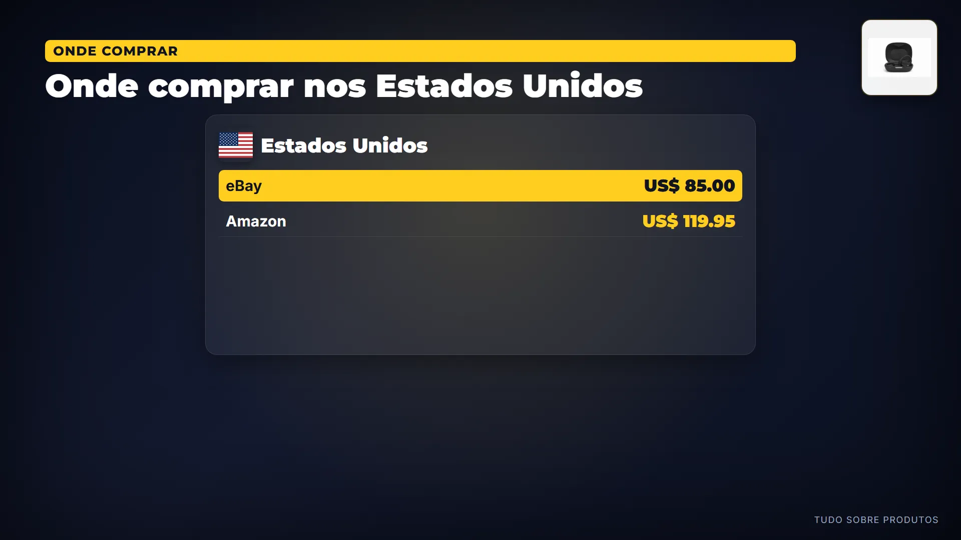 Onde comprar nos Estados Unidos: E se você pensa em importar: nos Estados Unidos, o menor preço é 85 dólares, na eBay — antes de frete e impostos.