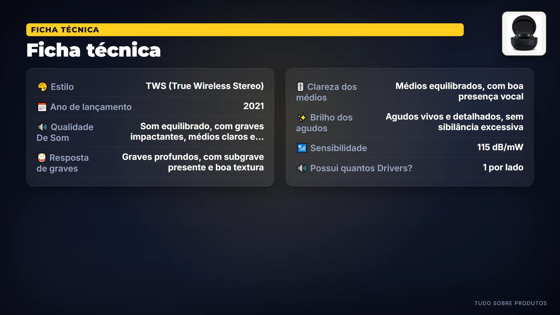 Ficha técnica: Na ficha técnica, temos Bluetooth 5.2 para conexão estável, driver dinâmico de 10 milímetros para som robusto e estojo…