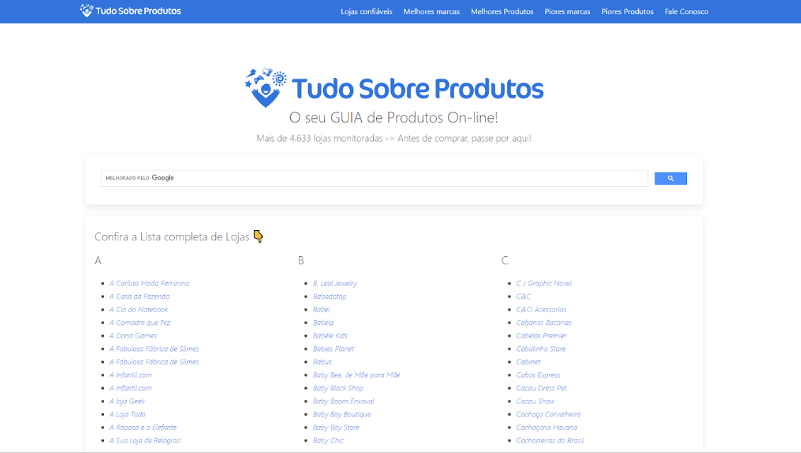Screenshot da primeira versão do TudoSobreProdutos em 2020